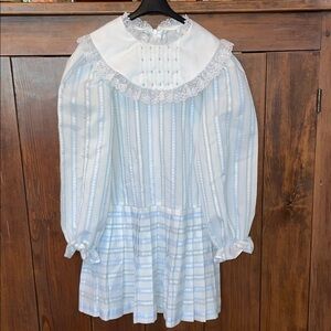 Girls Polly Flinders Light Blue Striped Lace Collar long-sleeve dress, size 6X